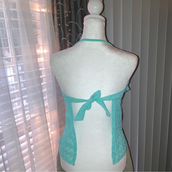 Hula Honey Turquoise Lacey Ruffled Open Back versatile Strap Bikini Top M EUC - Picture 3 of 14